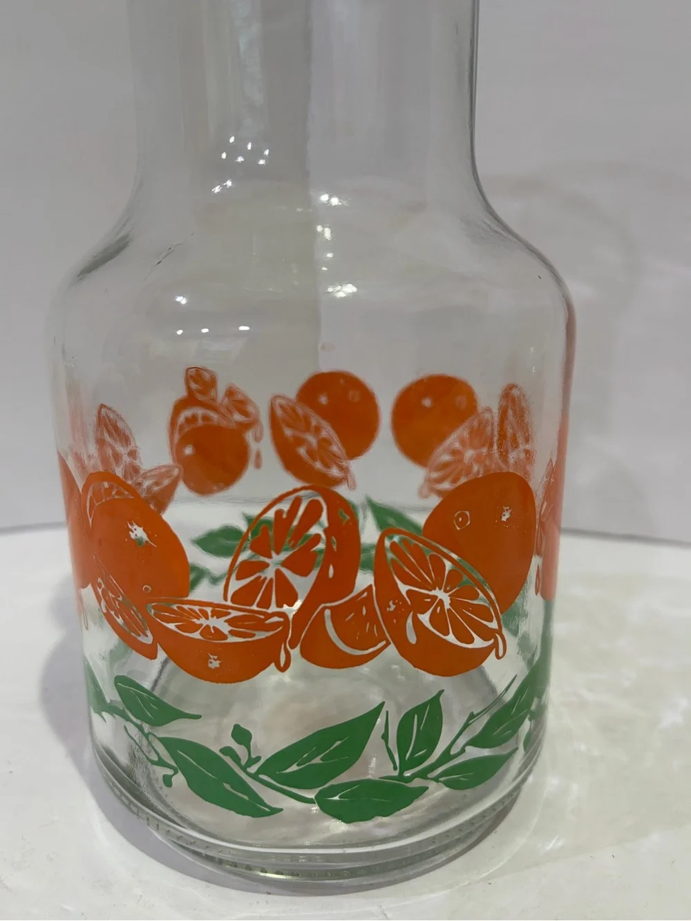 Vintage Libbey Glass Carafe and Tumbler Set Orange and Green Leaf Motif